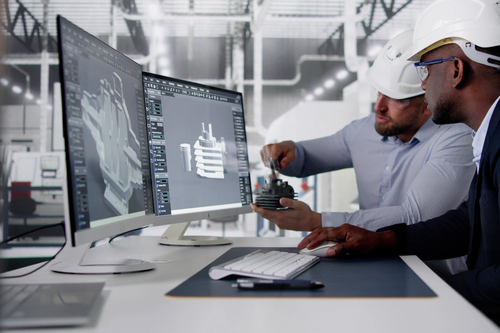 Two engineers working on a computer with blueprints in an industrial setting